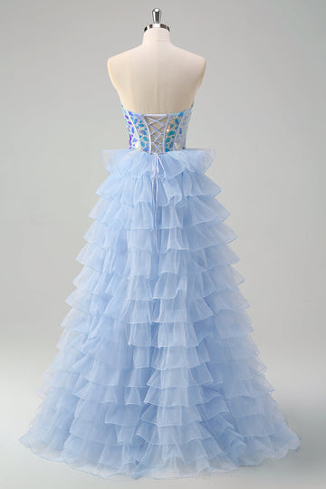 Blu A-Line Sweetheart buco della serratura corsetto a più livelli specchi volant lungo abito da ballo
